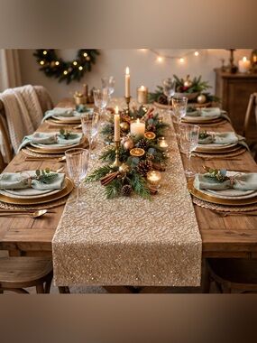 Homewear Gold Sequin Embroidered Table Runner 14x72" - Holiday Glam MSRP $60
